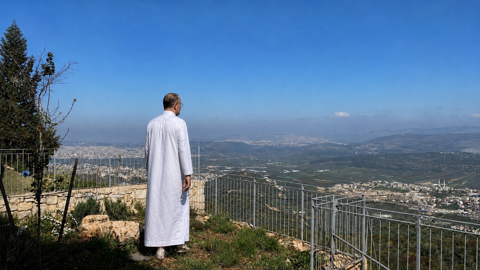 AI-reconstructed rear view of Natti approaching a stone garden edge above the valley.