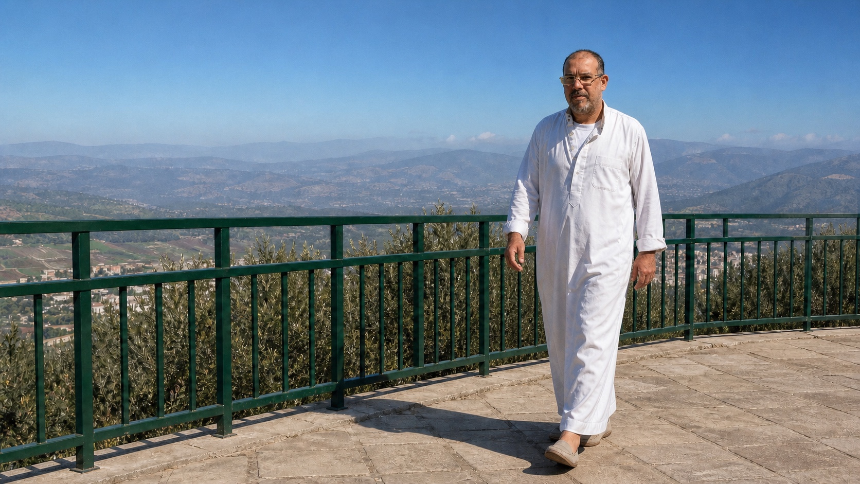 AI-reconstructed panel of Natti walking across a sunlit terrace overlooking the Galilee.