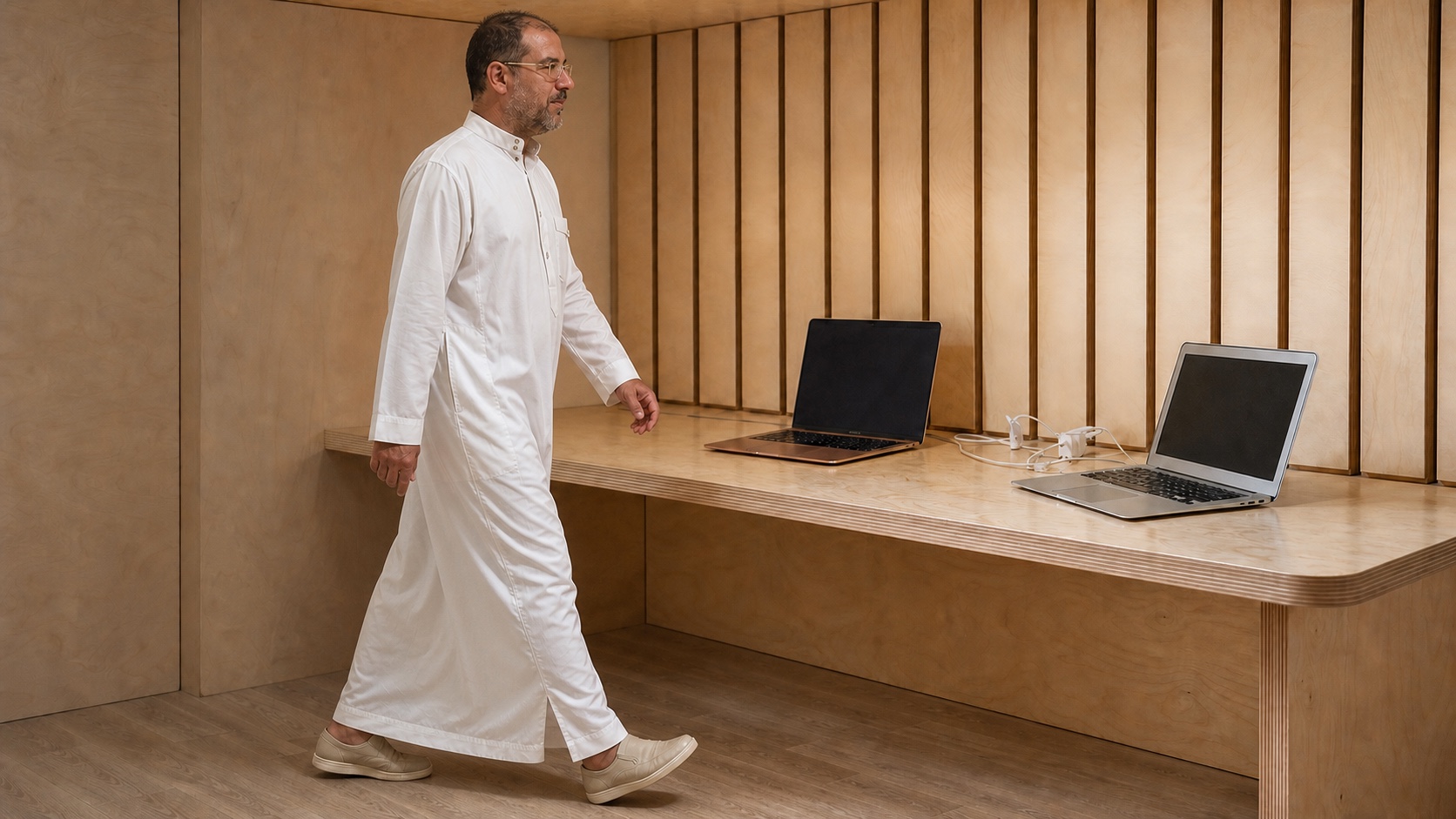 AI-reconstructed panel of Natti walking through a quiet wood-lined workroom with two laptops.