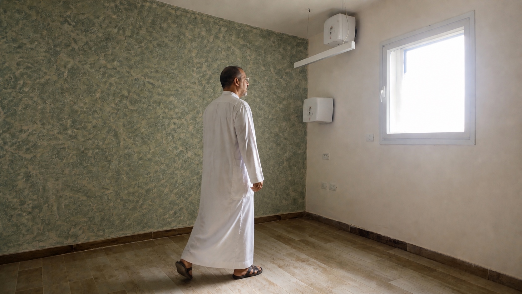 AI-reconstructed panel of Natti crossing an empty room toward a bright window and green wall.