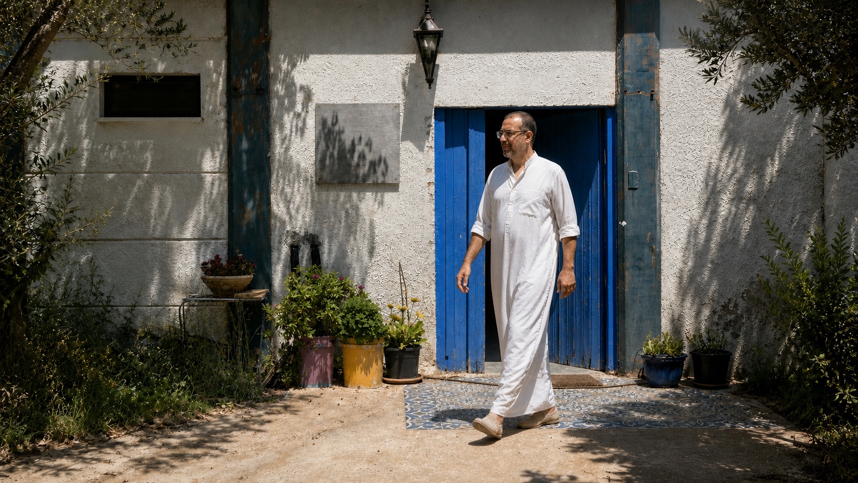 AI-reconstructed panel of Natti walking past a cobalt-blue doorway and potted plants in Hararit.