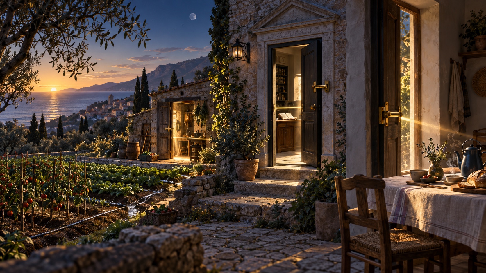 Symbolic AI artwork of a village bank, workshop, vegetable farm, and breakfast table linked by warm light passing through manual gates at dawn.
