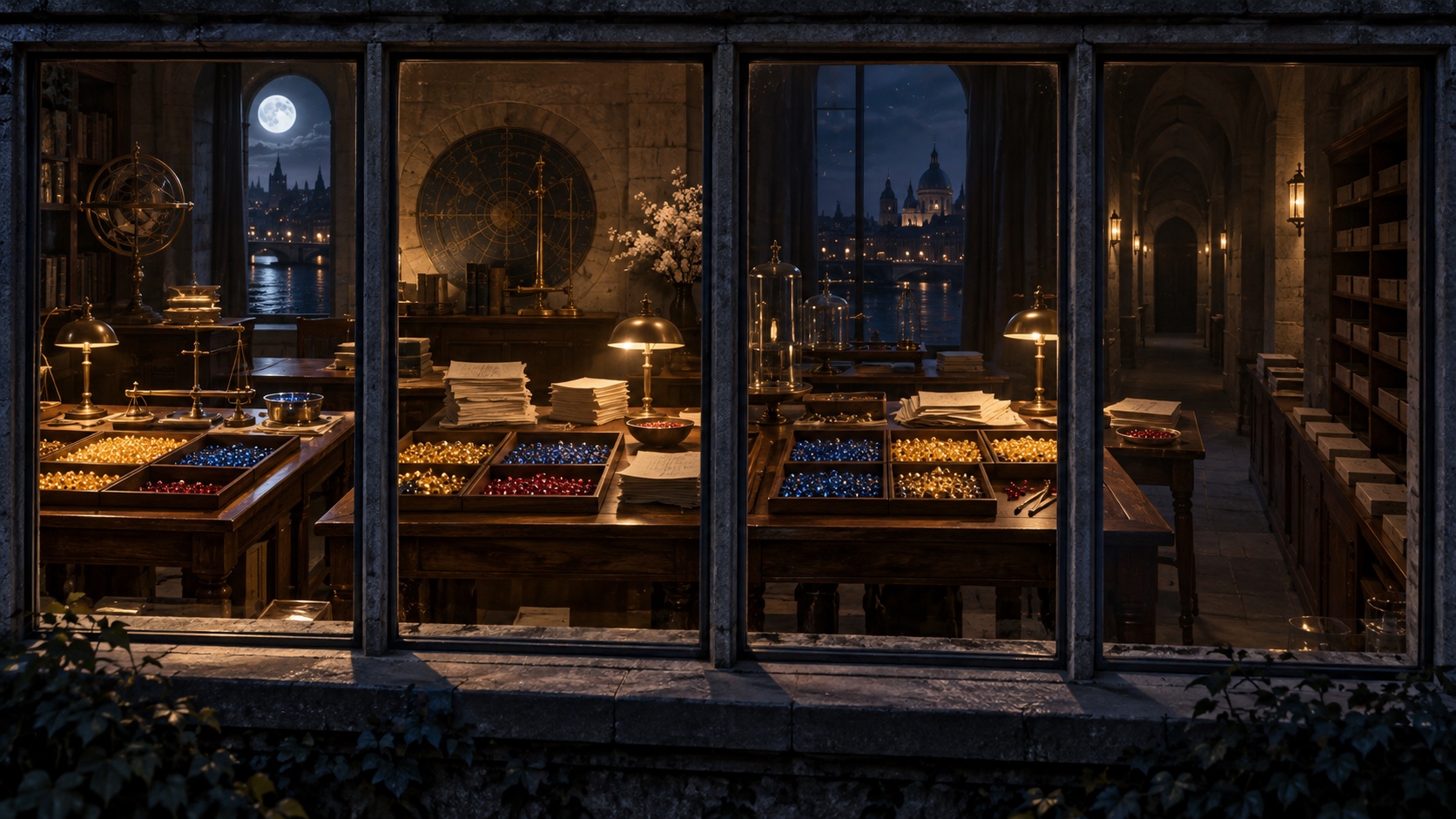 Symbolic AI artwork of four rooms in a stone counting house, with luminous seeds sorted into trays and an empty corridor for unresolved cases.