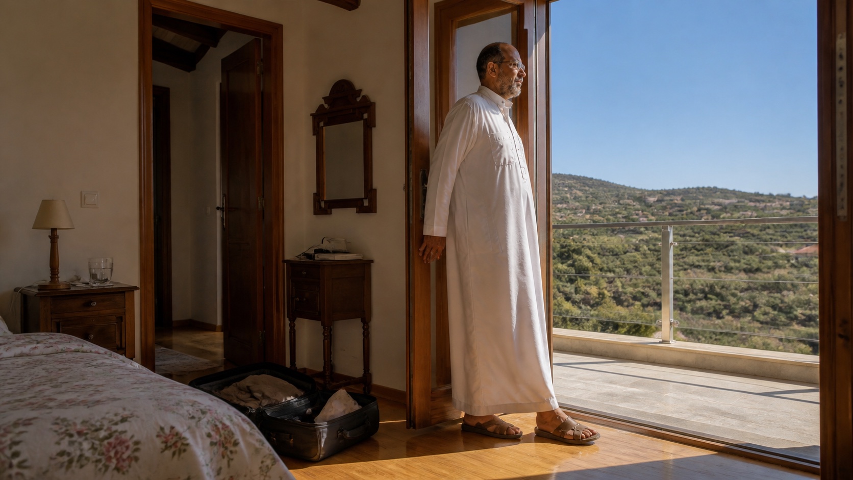 Natti in a white robe pauses between a warm timber room and a sunlit terrace above olive hills.