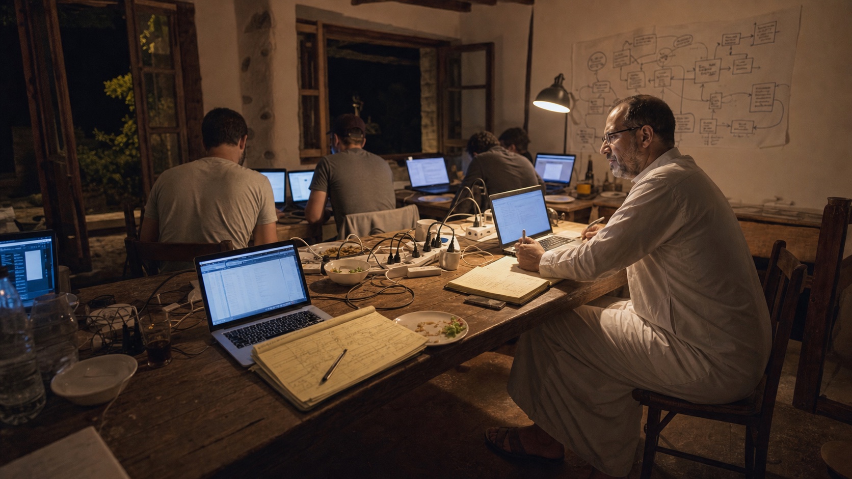 Natti and an anonymous team work late around laptops, power strips and paper diagrams in a Cretan room.