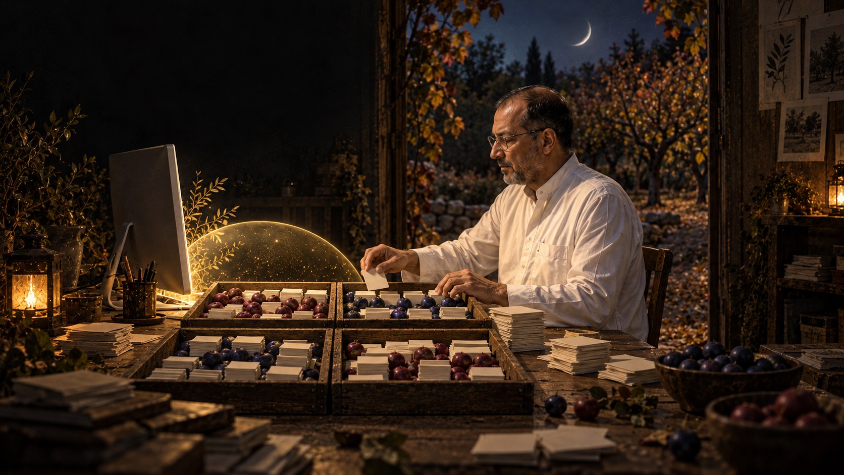 AI-generated speculative scene 2, Give Every Error a Name: At dawn, Natti labels case cards by hand in four wooden sorting trays; false positives and false negatives glow like bruised fruit.
