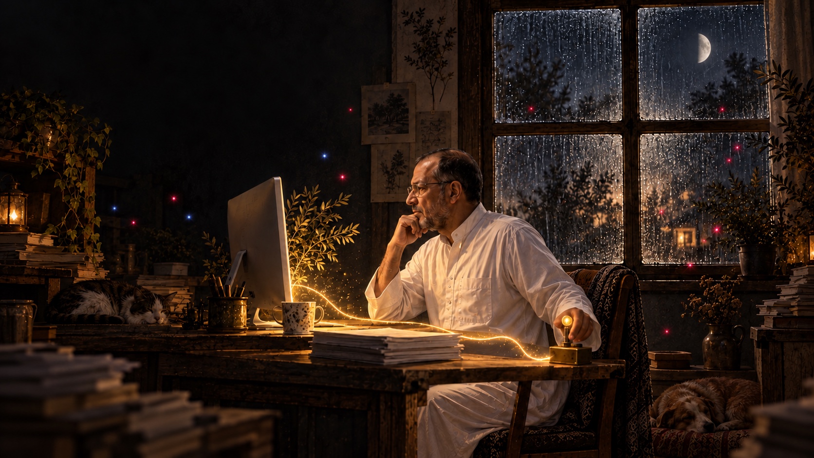 AI-generated speculative scene 3, The Cost of Looking: Rain crosses a four-pane window as a thin earned-light thread reaches one line of the OpenAI obligation and stops at a brass approval switch.