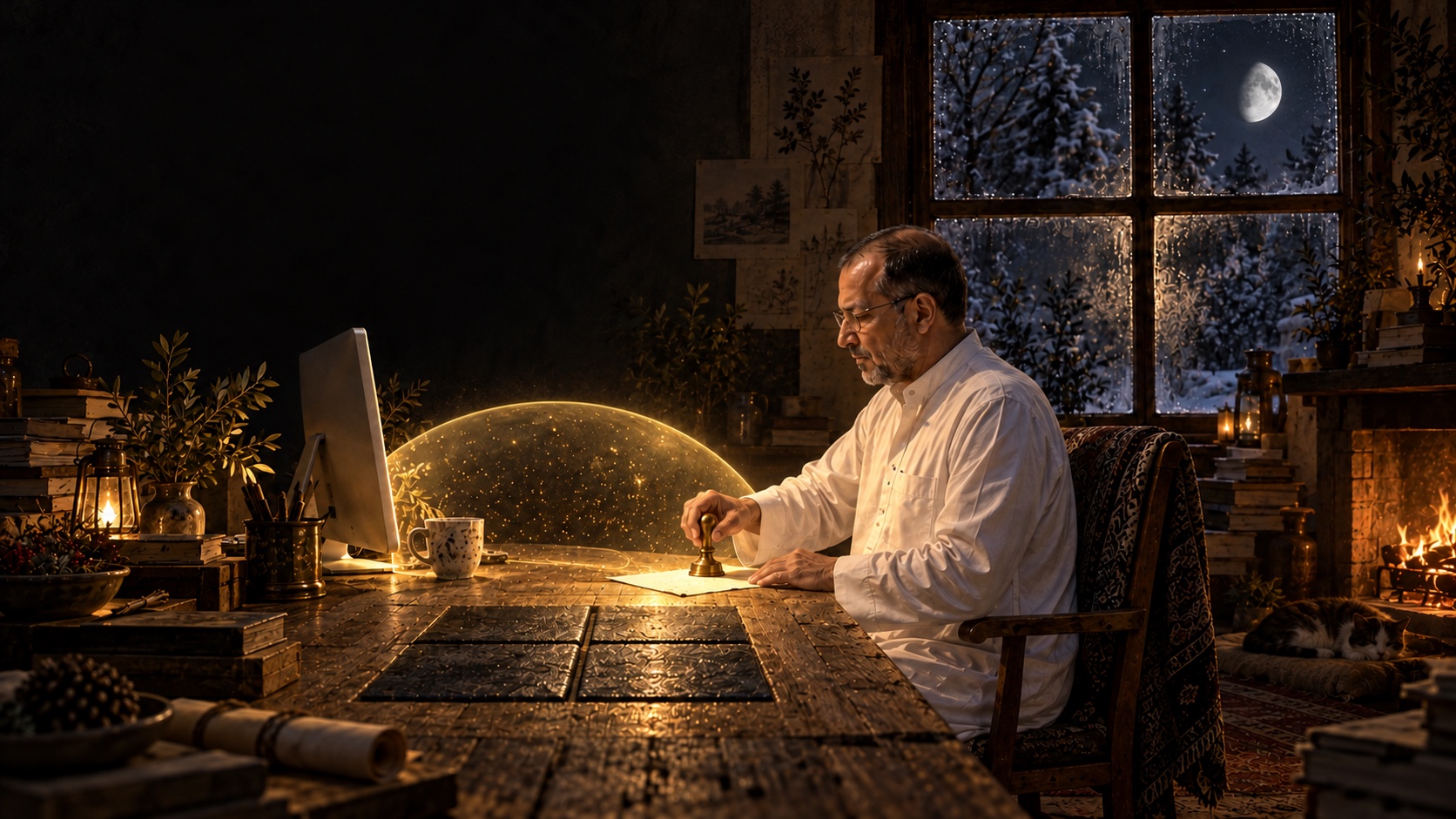AI-generated speculative scene 4, One Day Paid: A solstice table is inlaid with four equal dark stones; Natti approves one glowing compute receipt and the sphere expands from keyboard to desk.