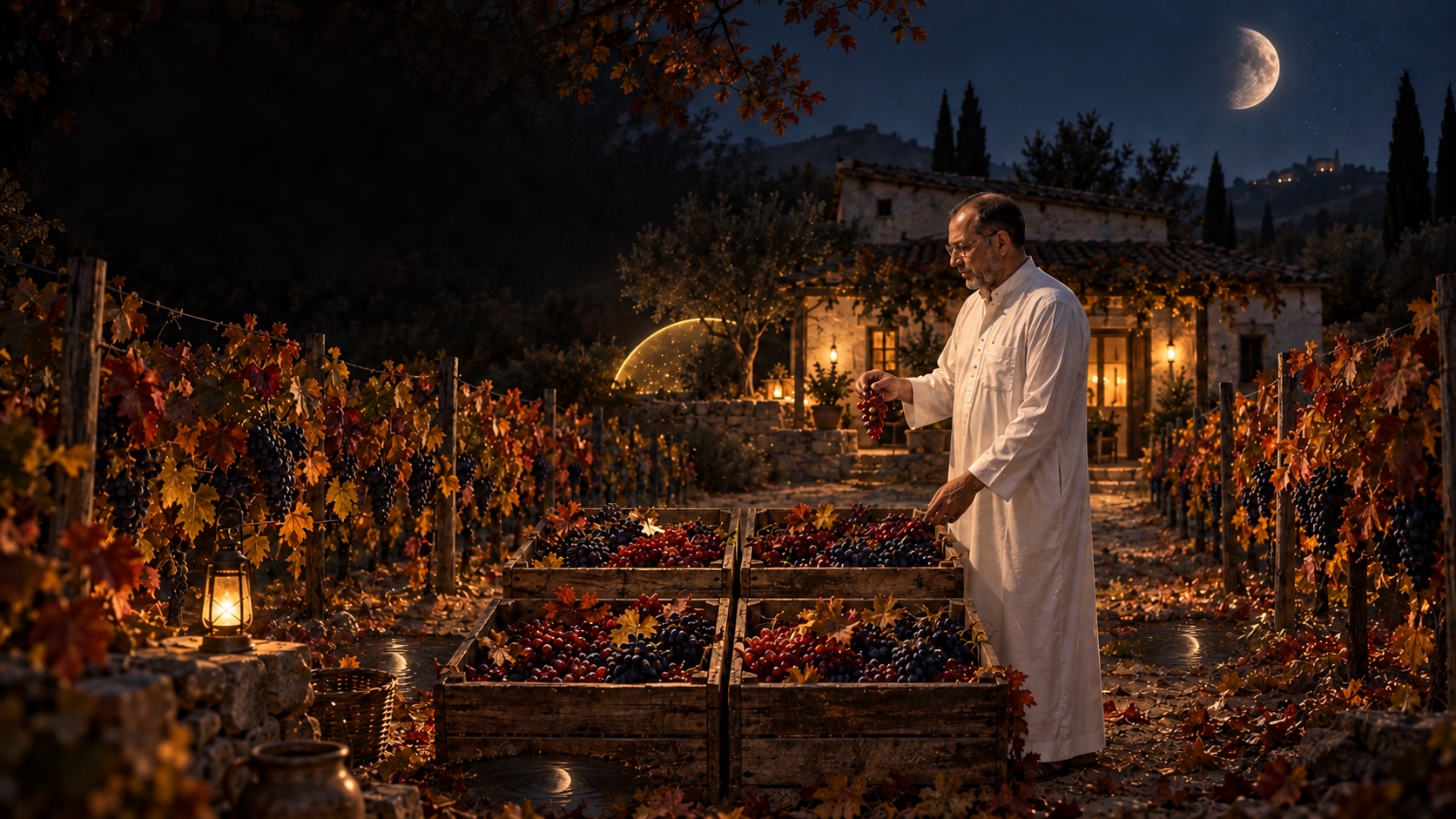 AI-generated speculative scene 7, Three Quiet Moons: Four grape trellises converge on the house; dark error grapes return among the harvest as three small moons mark repeated months.
