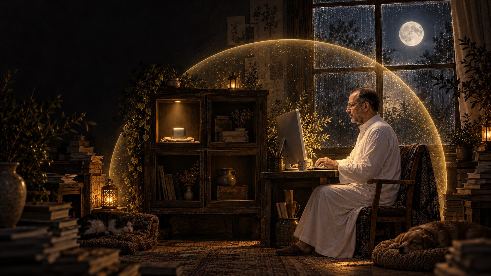 AI-generated speculative scene 8, The Silver Reserve: A four-compartment cabinet holds a slowly brightening silver hardware seed while winter rain surrounds the warm desk.
