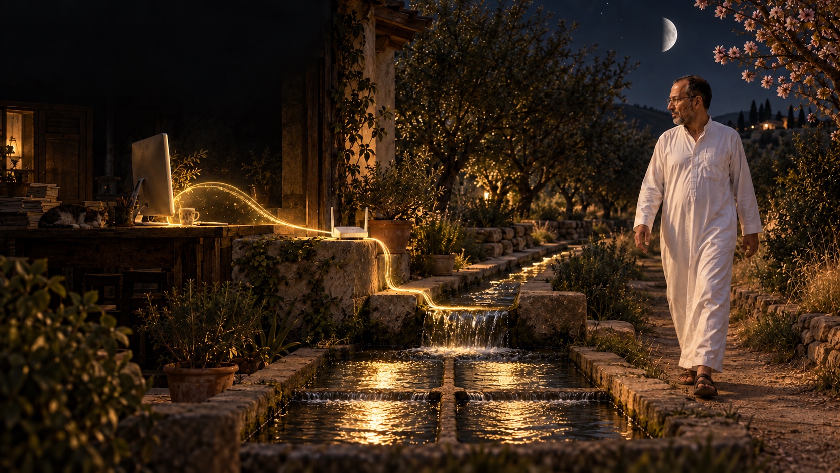 AI-generated speculative scene 10, The Router River: A warm light stream flows from Mac to router and onward through an irrigation channel whose four reflections form the matrix.