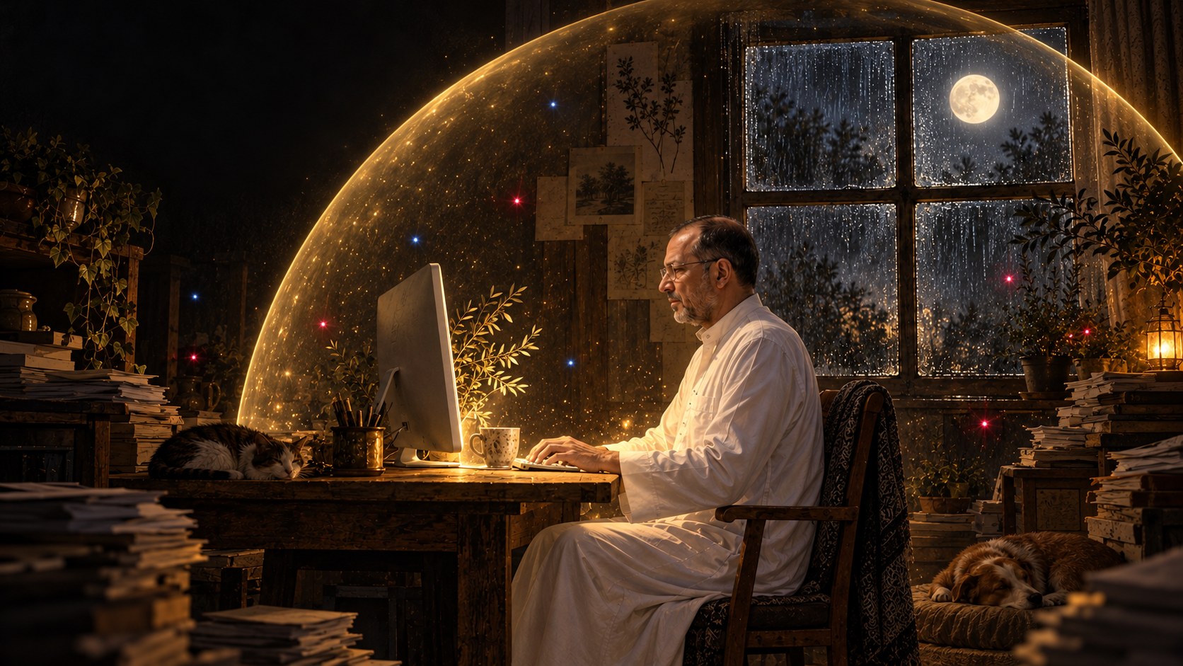 AI-generated speculative scene 12, First Heat: Echoing the first studio, four hearth tiles glow below the desk as winter rain falls and the sphere reaches the room walls.