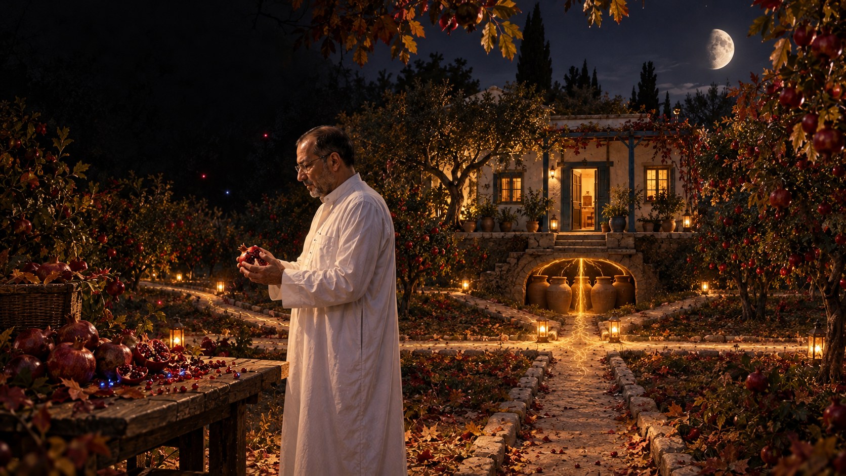 AI-generated speculative scene 15, Stored Current: Four pomegranate paths carry stored current toward jars beneath the house while dark error seeds visibly return.