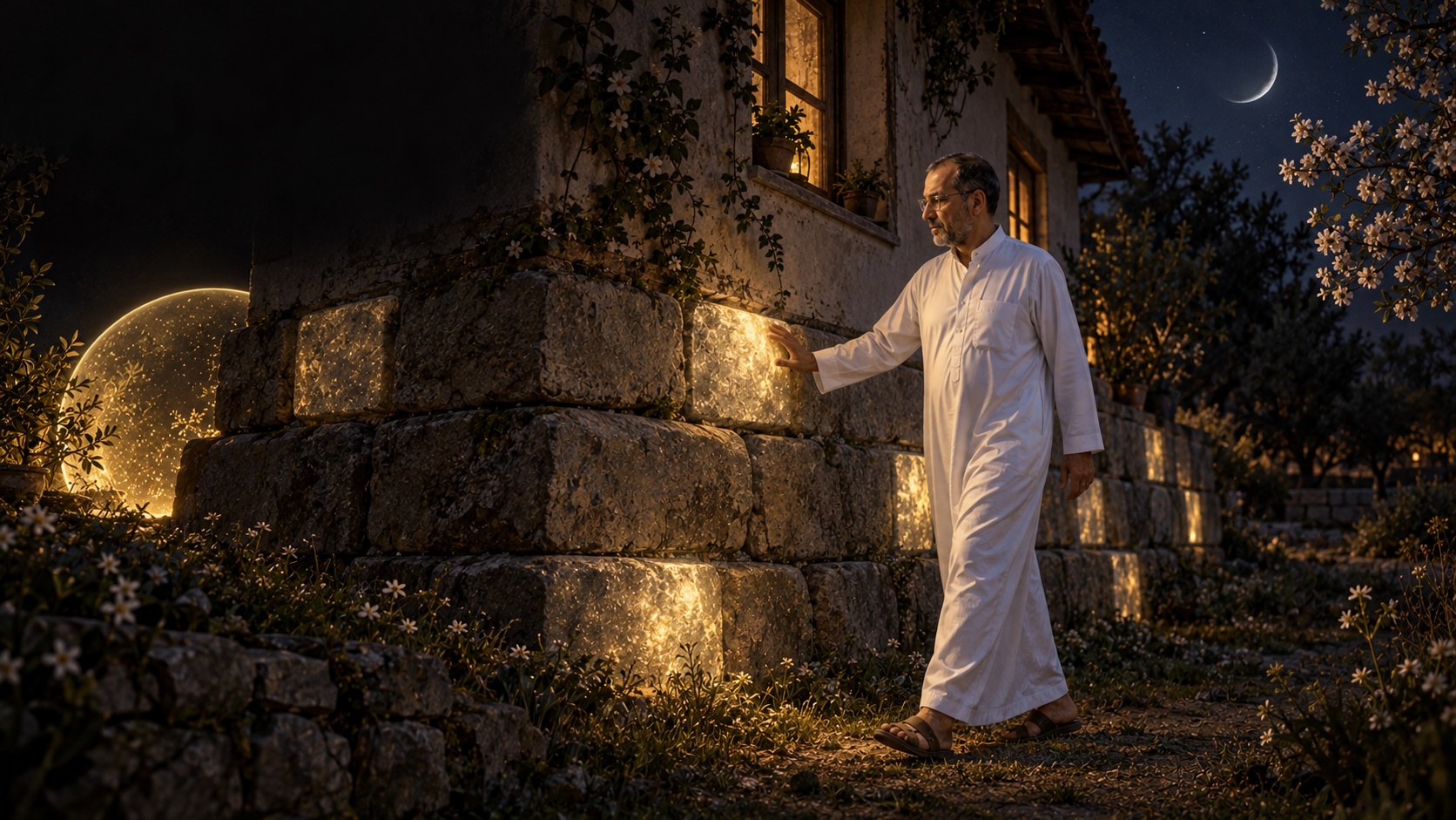 AI-generated speculative scene 17, One Stone in Ten: The house foundation becomes four immense stone courses; one stone in ten glows while Natti walks the spring perimeter.