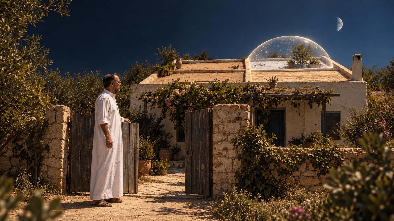 AI-generated speculative scene 18, A Quarter of the Roof: At noon, one of four roof planes rests within the translucent sphere while the remaining clay roof stays ordinary and sun-warmed.
