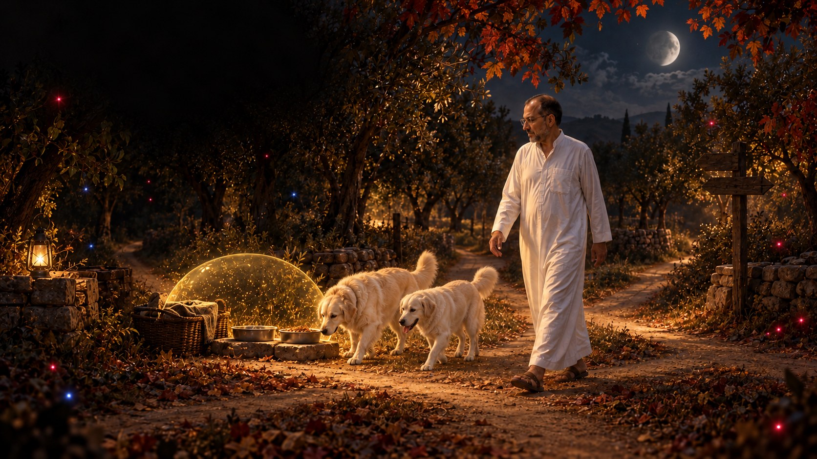 AI-generated speculative scene 19, Bowls at the Threshold: White dogs cross a four-path orchard junction toward filled bowls while returned error-fireflies hover at the path edges.