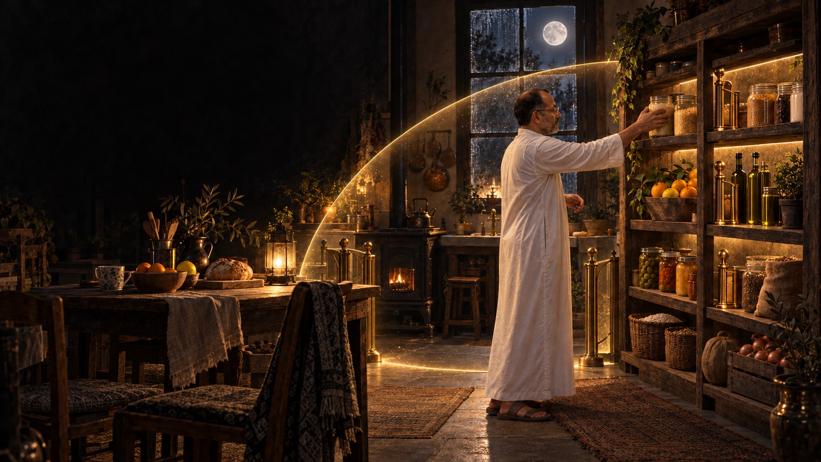 AI-generated speculative scene 20, The First Pantry Shelf: A dark pantry has four shelves; one fills with grains, citrus, oil, and preserves as moonlight reaches the kitchen.