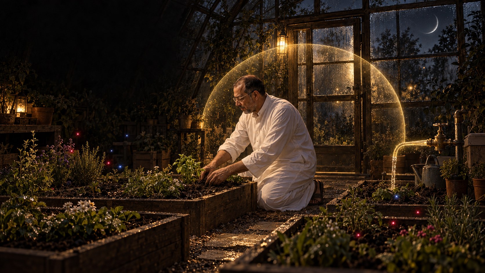 AI-generated speculative scene 21, Soil Account: Four greenhouse beds form the matrix while Natti plants herbs and a few error-fireflies hover above the soil.