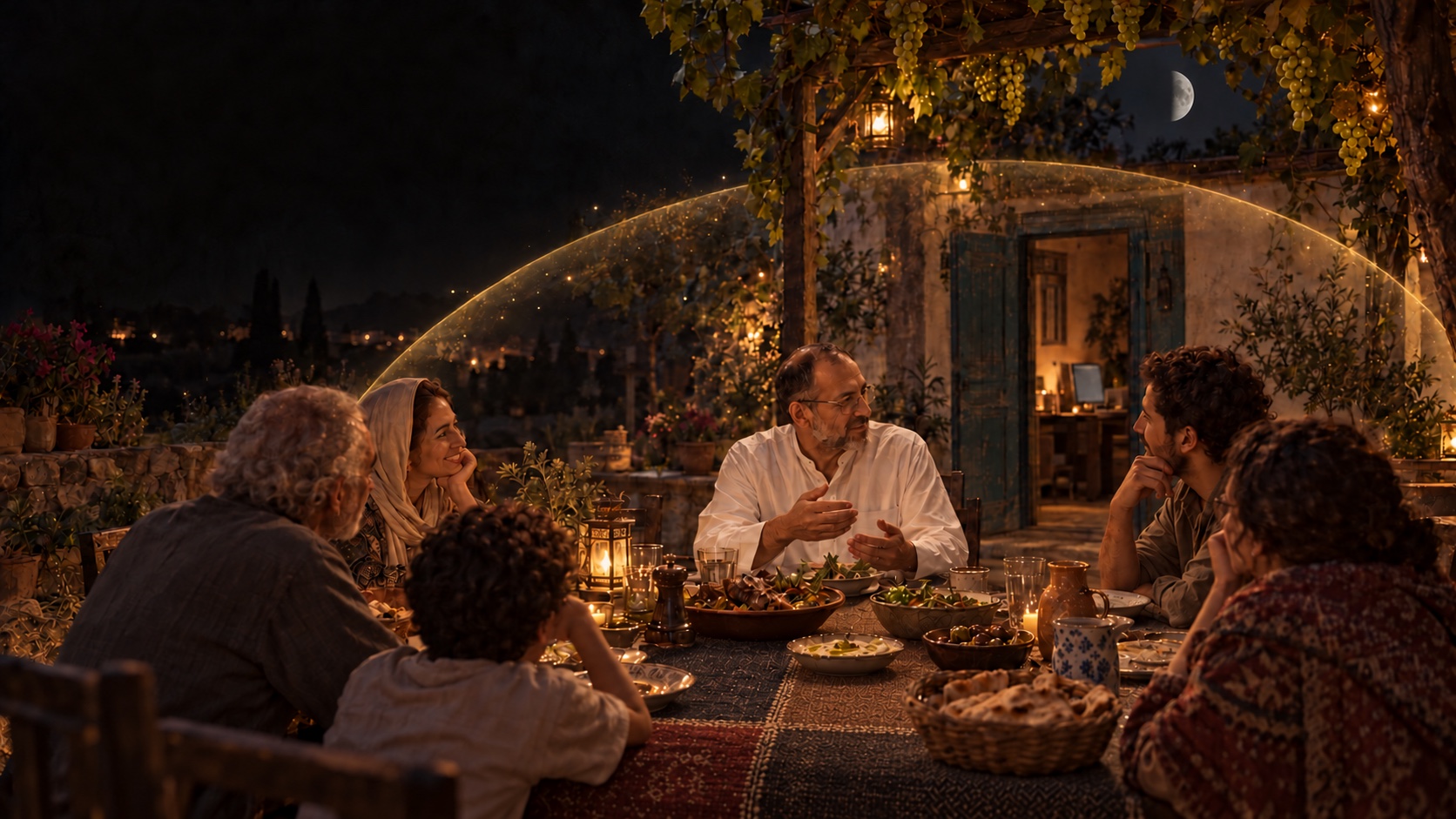 AI-generated speculative scene 22, The Table Is Covered: A long outdoor meal rests on a four-quadrant textile; friends and family eat beneath vines without looking at the machinery.