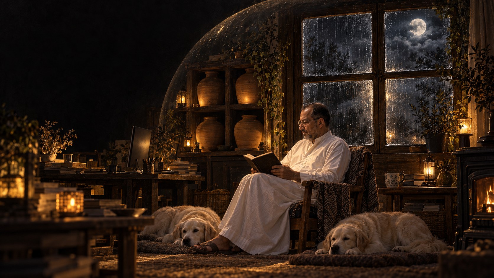 AI-generated speculative scene 24, The Storm Reserve: A domestic return shot moves outward through the house: a storm folds around four shuttered windows while clay reserve vessels glow and Natti reads with the dogs.