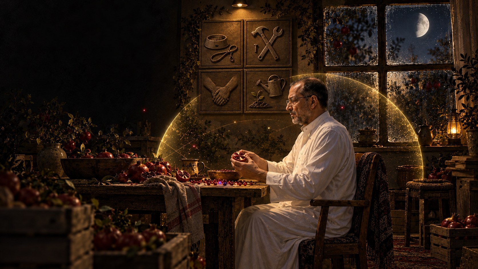 AI-generated speculative scene 27, Care Has Margin: Four calendar panes hold pet care, repairs, family care, and garden work while harvested pomegranates and returned errors rest below.