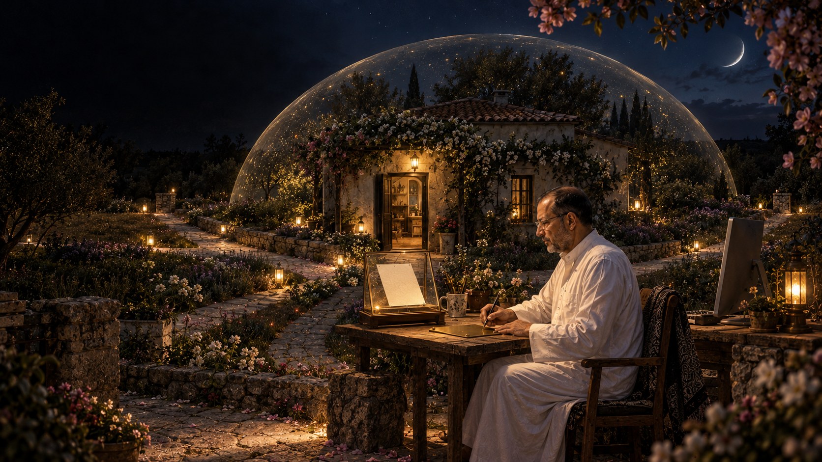 AI-generated speculative scene 29, The Monthly House: Four flowering paths encircle the whole house; the mortgage paper remains under glass and Natti signs the human authorization.