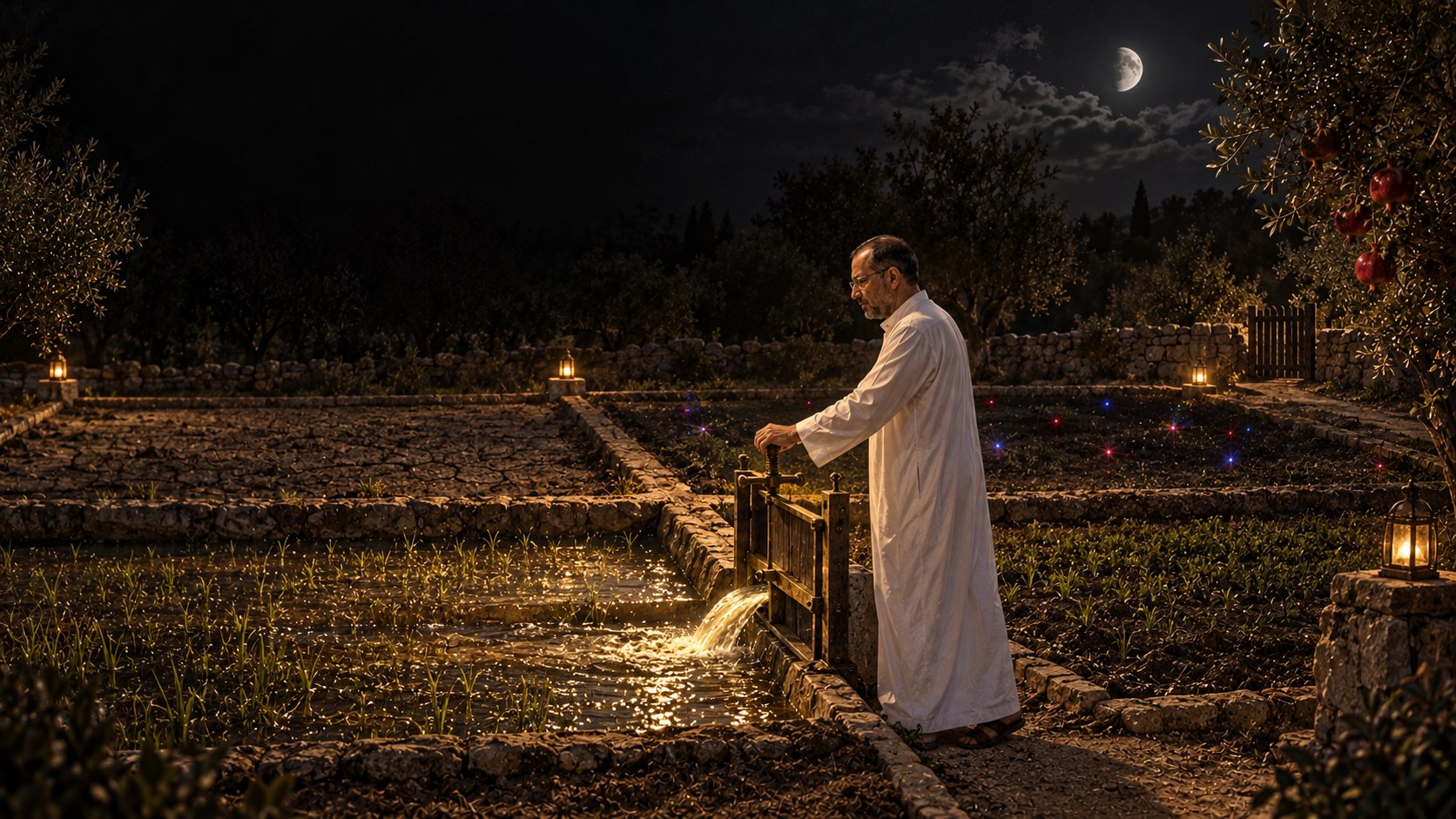 AI-generated speculative scene 31, Surplus Returns to Soil: Four irrigation quadrants revive dry earth while Natti opens one sluice and a larger autumn error swarm hovers over another.