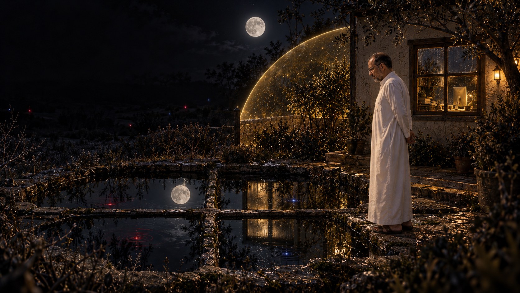 AI-generated speculative scene 32, Ninety-Nine Point Nine: The return-shot sequence reaches the garden: a moonlit four-part pond reflection is nearly clear, interrupted by rare crimson ripples; the sphere reaches the property boundary and stops.