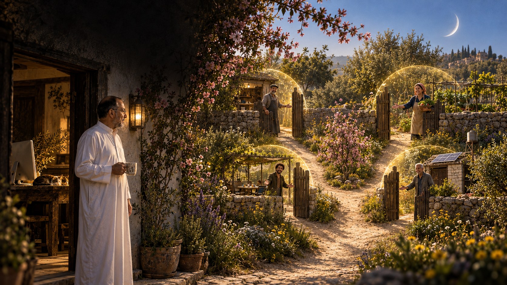 AI-generated speculative scene 33, Consent at the Boundary: Four spring paths leave the garden toward local shops and services; each crosses a gate opened by a different human hand.