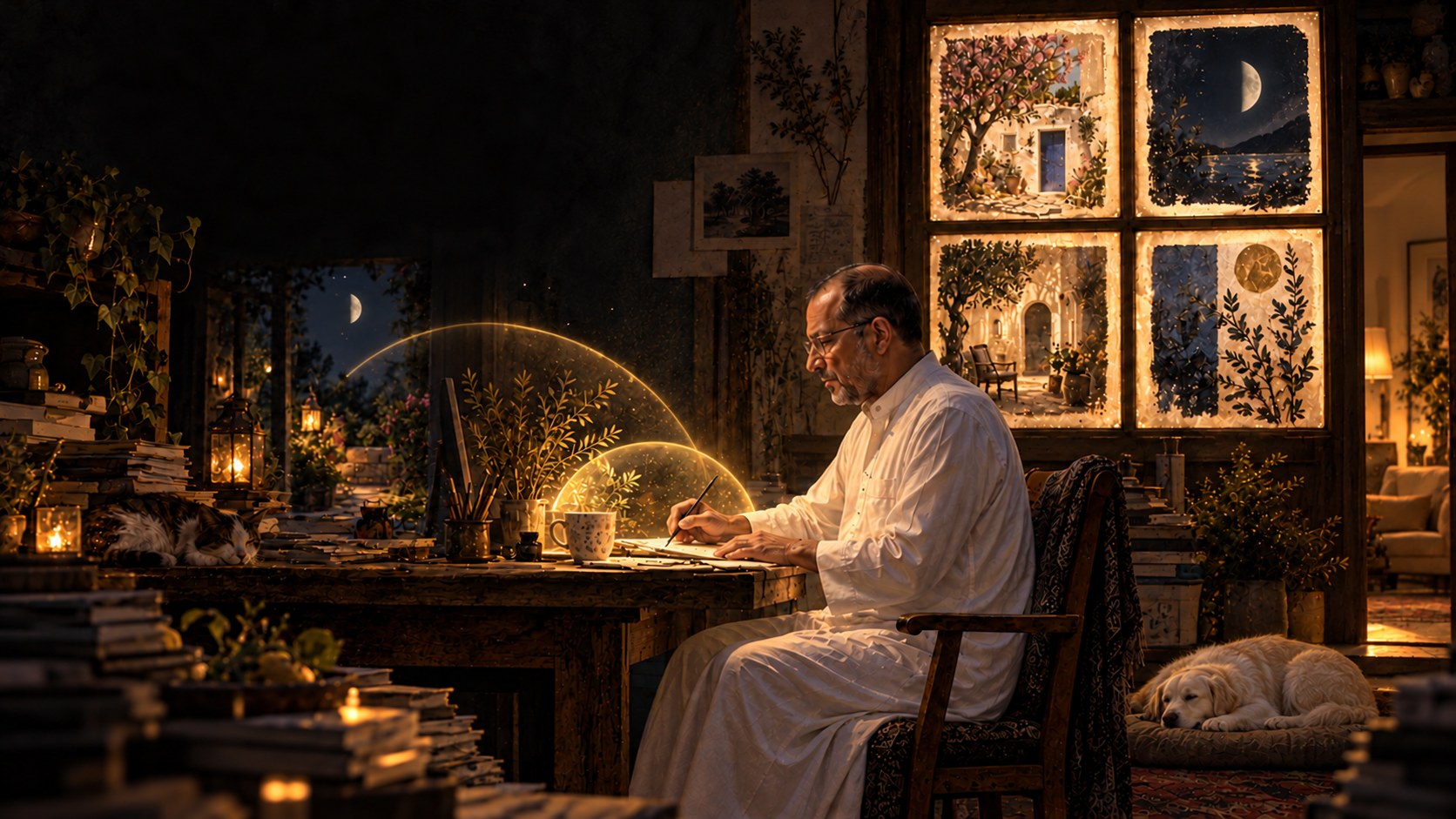 AI-generated speculative scene 34, Art Has Its Own Light: A four-pane lightbox illuminates Pandemonium art while practical household circuits continue quietly behind the studio wall.