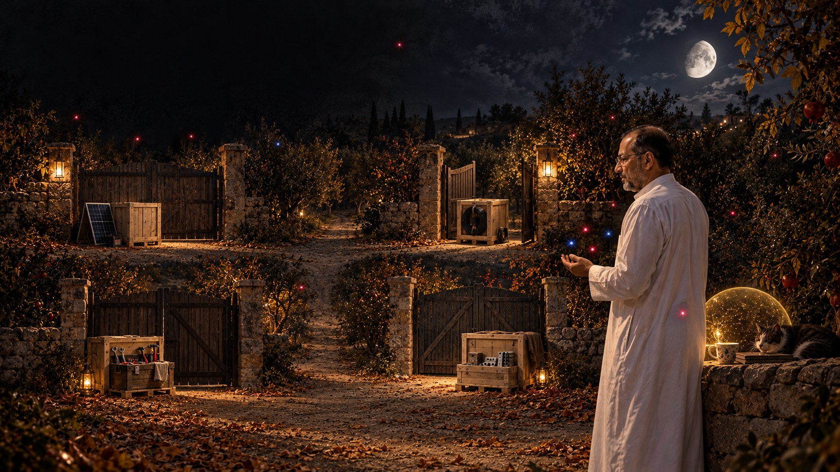 AI-generated speculative scene 35, Providers in Season: Four provider crates arrive at separate orchard gates as autumn errors return and several gates remain intentionally closed.
