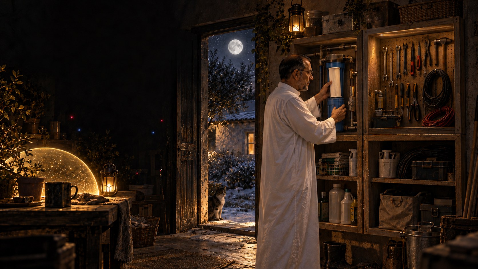 AI-generated speculative scene 36, Nothing Spectacular Breaks: Natti changes a filter in a warm utility room divided into four practical bays while moonlight falls beyond the window.