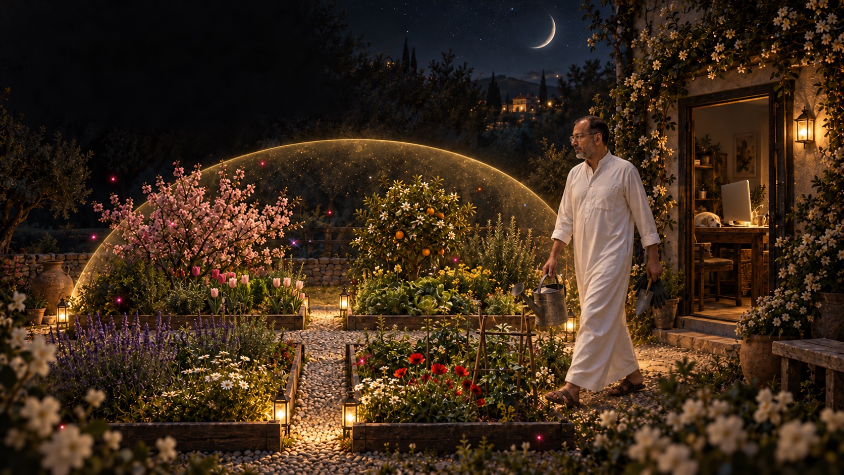 AI-generated speculative scene 37, Time Returned: Natti walks away from the Mac into four blooming garden plots; the machine remains visible through the open door, useful but not sovereign.