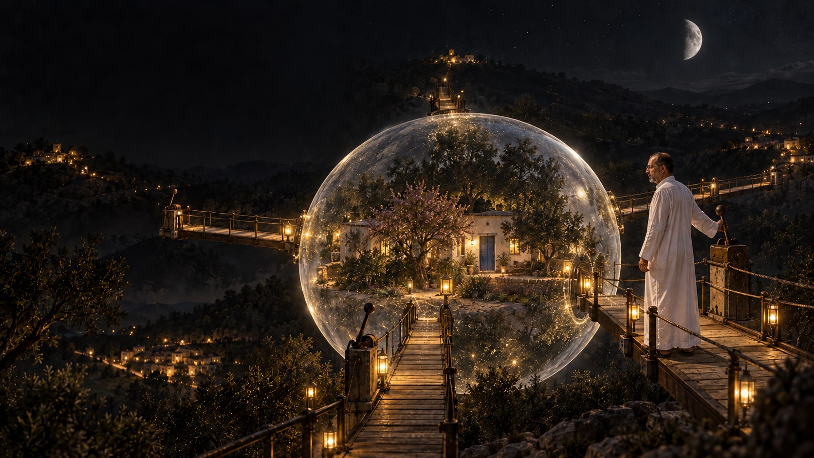 AI-generated speculative scene 38, The Permeable Sphere: A translucent sphere includes house and garden; four luminous bridges cross it toward providers and each carries a stop lever.
