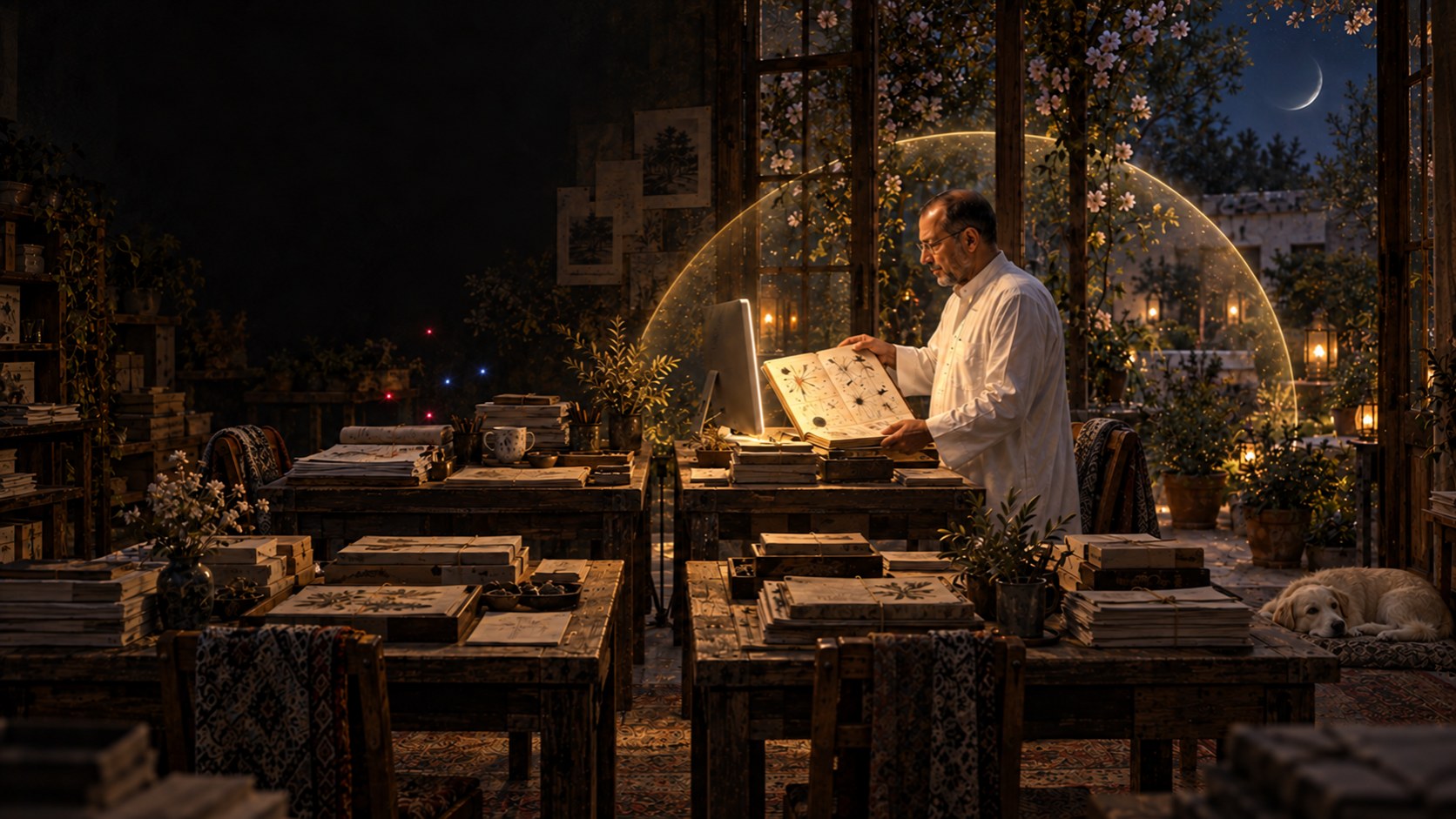 AI-generated speculative scene 41, An Archive of Decisions: Four archive tables hold cases, revisions, art, and household records while Natti opens the error ledger rather than hiding it.