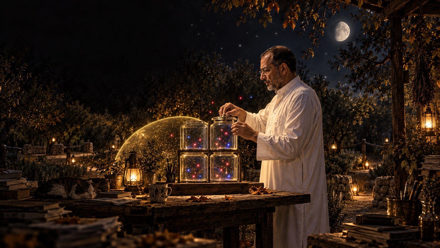 AI-generated speculative scene 43, The Remaining Fireflies: In a dark orchard laboratory, crimson and indigo errors are gathered into four glass chambers while abundant true cases become stars overhead.