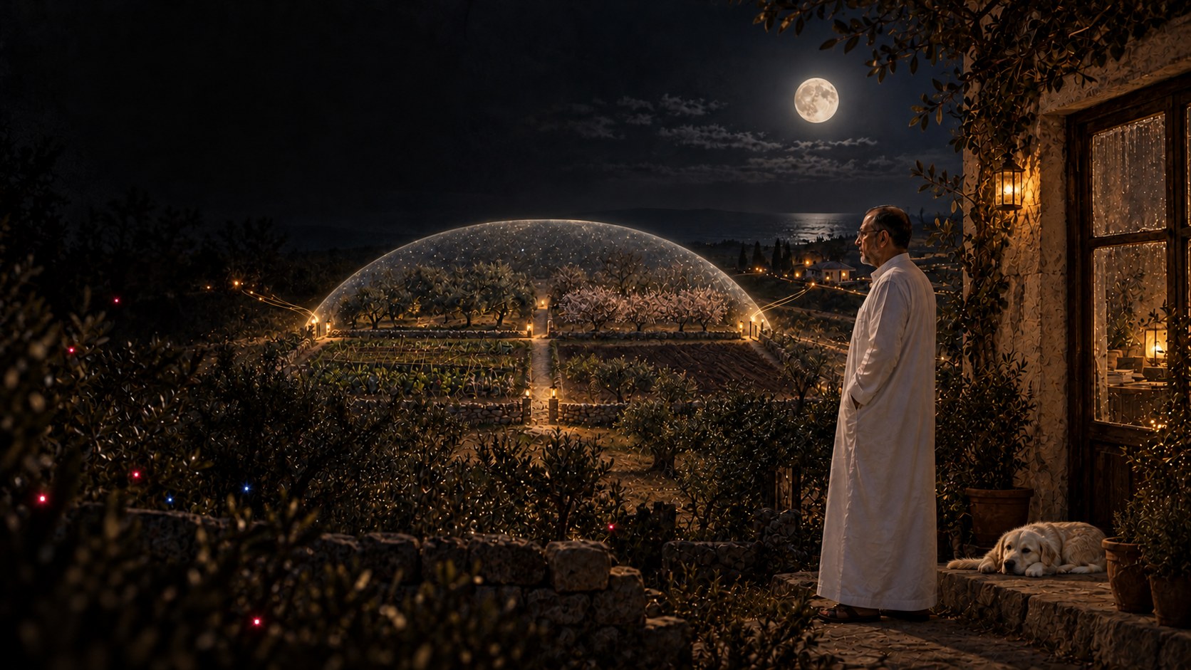 AI-generated speculative scene 44, A Quiet Pattern: The final return shot shows Natti outside the warm house while four moonlit fields form the matrix and gentle threads connect garden, providers, and neighboring land.
